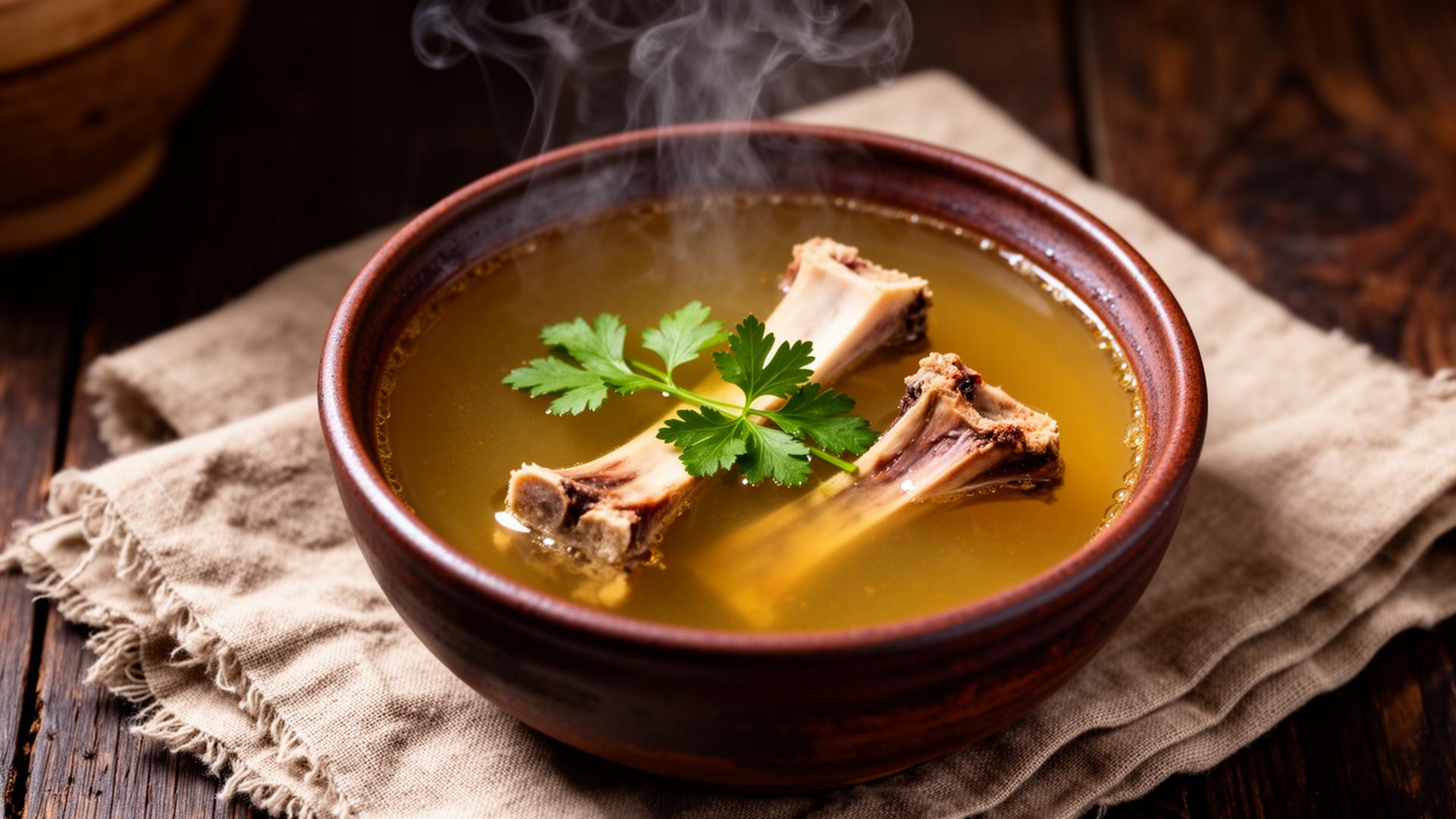 Plato hondo con caldo de huesos humeante
